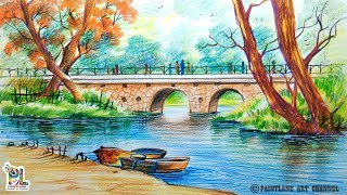 How To Draw A Very Simple Scenery With Bridge For Beginners | Step by Step