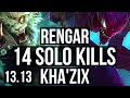 RENGAR vs KHA'ZIX (JNG) | 14 solo kills, 2.4M mastery, 22/3/2, Legendary | EUW Master | 13.13