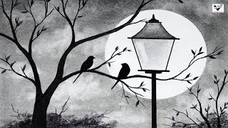 How to Draw Scenery of Moonlight Night by pencil sketch, Love Birds Scenery Drawing
