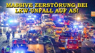 [GROSSES TRÜMMERFELD NACH LKW-CRASH] - SATTELZUG DURCHBRICHT LEITPLANKE - | FEUERWEHR | BERGUNG | A5