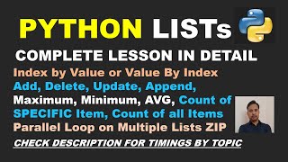 PYTHON LIST Tutorial count, value by index, append, update, add, delete, average, two lists