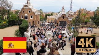 【4K Walk in Barcelona】Walking in Guell Park, architecture of Antoni Gaudí