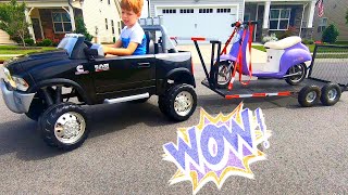Little Heroes: Kid Towing Broken Scooter with Power Wheels Truck and Custom Trailer