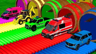 POLICE CARS, LOADER, AMBULANCE, FIRE DEPARTMENT TRANSPORTING WITH SCANIA TRUCKS ! FS22