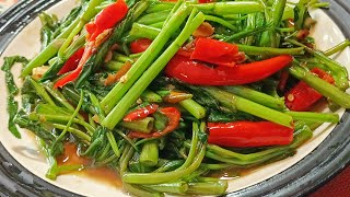 ผัดผักบุ้งไฟแดง ปรุงตามนี้อร่อยแน่นอน เทคนิคผักเขียวสด ไม่ดำ Stir fried morning glory recipe