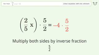 Solve (7x)/5=x-4: Linear Equation Video Solution | Tiger Algebra