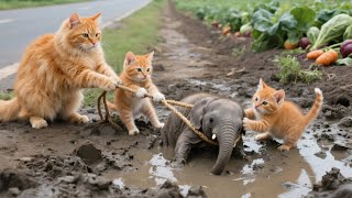 Mama Cat and Kittens Rescue Baby Elephant from the Mud | Cat Videos | Kucing | Cute Cat | Funny Cat