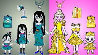 Paper Dolls Dress Up - Costumes Rich Raquelle VS Poor Sadako Back To School - Barbie Family Handmade