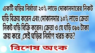 একটি ঘড়ির নির্মাতা ২০% লাভে দোকানদারের নিকট ঘড়ি বিক্রয় করেন এবং দোকানদার ১০% লাভে ক্রেতা.....?