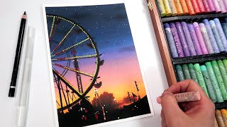 Oil Pastel Drawing 관람차가 보이는 밤 풍경 그리기🎡, 오일파스텔화｜OHU SIA