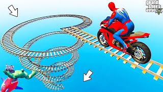 SPIDER MAN Takes on Spiral Bridge Stunt Ride on Motorcycle🏍بطال الخارقين على القضبان دوامة قمع جس