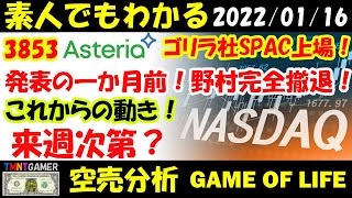 【空売分析】3853 アステリア！全機関損切撤退済！機関空売状況分析！SPAC上場発表一か月前に！主幹事野村いきなり売り残0までポジション解消！機関の粘り強さはどこへ！今後の動き！【20220116】