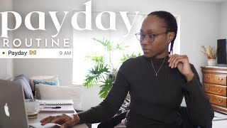 PAYDAY routine | getting paid once a month, paycheck breakdown, budgeting, investing + more!