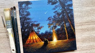 How to paint a Night Camping / Acrylic Painting / Daily Challenge #88