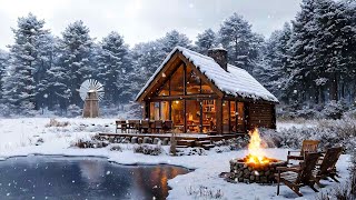 Lakeside Cabin With Fireplace For Gentle Relaxation - Good Mood Jazz In Winter Forest For Sleep