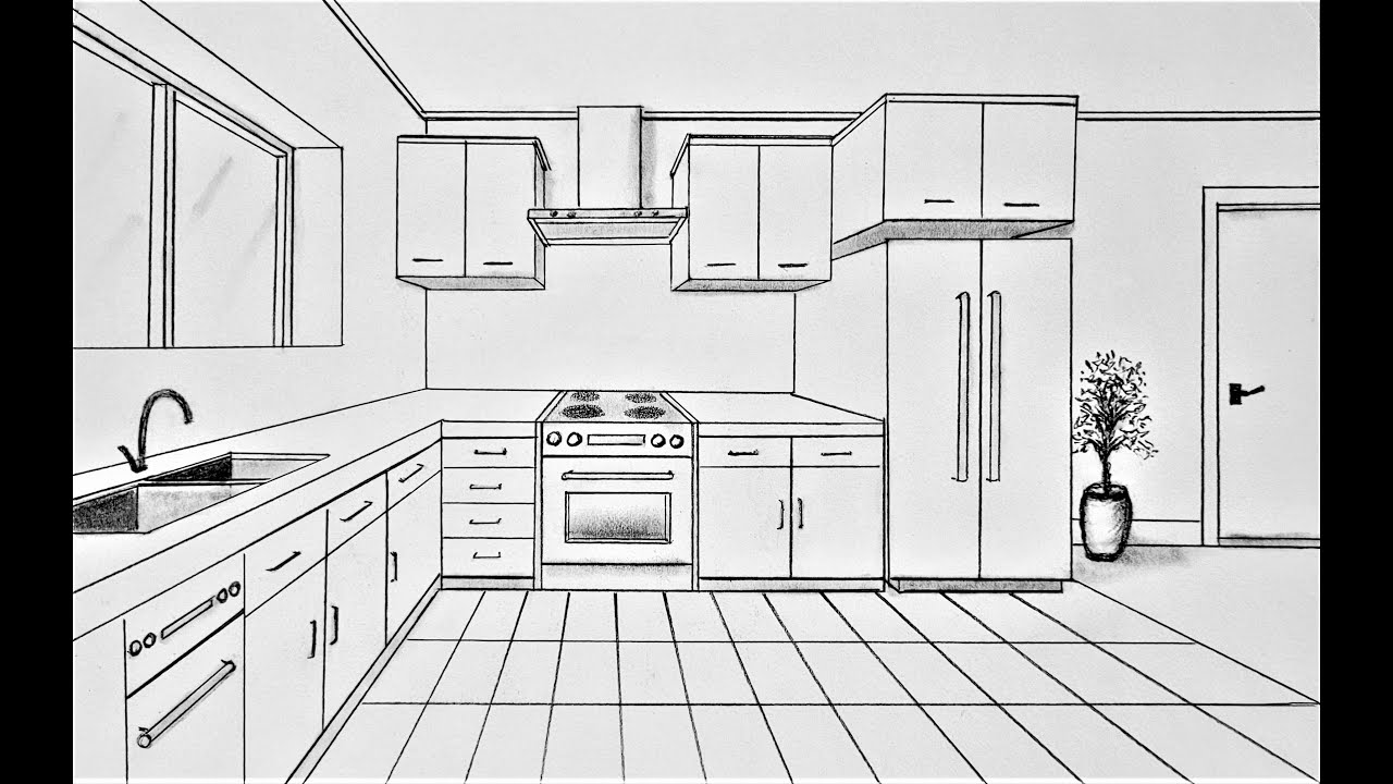 How To Draw A Kitchen In One Point Perspective - YouTube