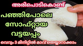 അരി കുതിർത്തരയ്ക്കാതെ പഞ്ഞിപോലെ സോഫ്റ്റായ വട്ടയപ്പം | instant soft vattayappam