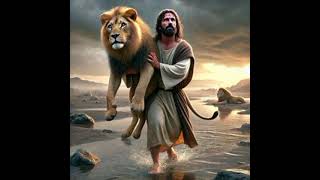 Jesus is carrying a lion and Jesus is strong and courageous.