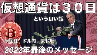 ビットコイン　イーサリアムは30日　来年のドル円　豪ドル　2022年　暴落から始まった米国株は超乱高下相場