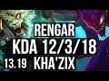 RENGAR vs KHA'ZIX (JNG) | 2.2M mastery, 12/3/18, 700+ games, Godlike | EUW Master | 13.19