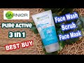 Garnier Pure Active 3 in 1 || Face Wash, Scrub & Mask || Review