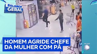 Homem é preso após agredir chefe da esposa com pá em supermercado