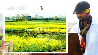 Plein Air Watercolor Painting Demonstration | Winter Mustard field Landscape by Shahanoor Mamun