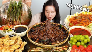 Cooking Mukbang :) Seafood Black Bean Noodles, green onion kimchi, Egg salad, strawberry.