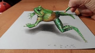 Drawing  a Jumping Frog - How to Draw 3D Frog  - Trick Art on Paper - Vamos