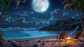 4K Beach Campfire Under the Moonlight, Relaxing Summer Night with Gentle Waves and Cool Breeze