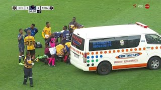 Swallows FC Player Keagan Allan being stretched off the pitch by the Ambulance vs Kaizer Chiefs