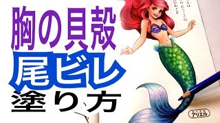 【塗り方のポイント説明付き〜アリエル④ 〜】胸の貝殻と尾びれの塗り方【色鉛筆】