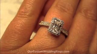 KI-117223-100 18k 7x5mm emerald cut diamond halo engagement ring still shown with a blue sapphire