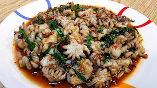 กับข้าวกับปลาโอ 579 : ผัดกะเพราพริกแห้งหนวดหมึก ผัดเผ็ดๆ หอมใบกะเพรา  stir-fried squid & holy basil