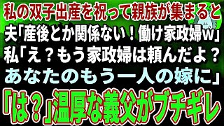 【スカッとする話】双子を出産し退院祝いで親族が集まると夫「産後と関係ない！働け家政婦ｗ」私「え？もう家政婦は頼んだよ？あなたのもう一人の嫁に」義父「は？」→夫がボコボコにｗ【修羅場】