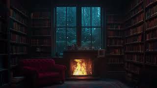 Cozy Jazz Ambience in the Library during Midnight - Constant Snowfall and cozy fireplace sounds