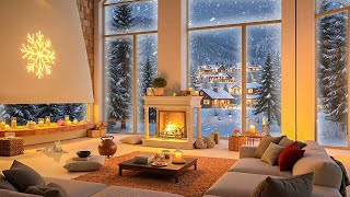 Cozy Winter Living Room Ambienca ❄ Smooth Jazz, Crackling Fireplace, Snowfall for Relaxation \u0026 Sleep