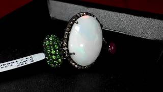 V04-049 Ethiopian Opal Ruby Diamond Cut Chrome Diamond 925 Sterling Silver Ring