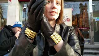 girl putting in leather gloves (putting on videos get deleted)