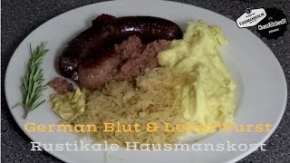 German Blut-Leber Wurst mit Sauerkraut \u0026 Kartoffelbrei,  Hausmannskost; deftig; herzhaft; rustikal