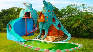 My Holiday in forest! Design Mud Villa House \u0026 Water Slide To Swimming Pool By Ancient Skills