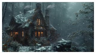 Enchanted Stone Haven | Misty Forest Snowfall with Howling Wind \u0026 Crackling Fireplaces