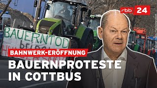 Bauern demonstrieren bei der Eröffnung des neuen ICE-Werks