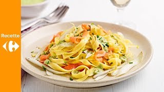 Tagliatelles au saumon fumé, chicon et crème à l’oseille