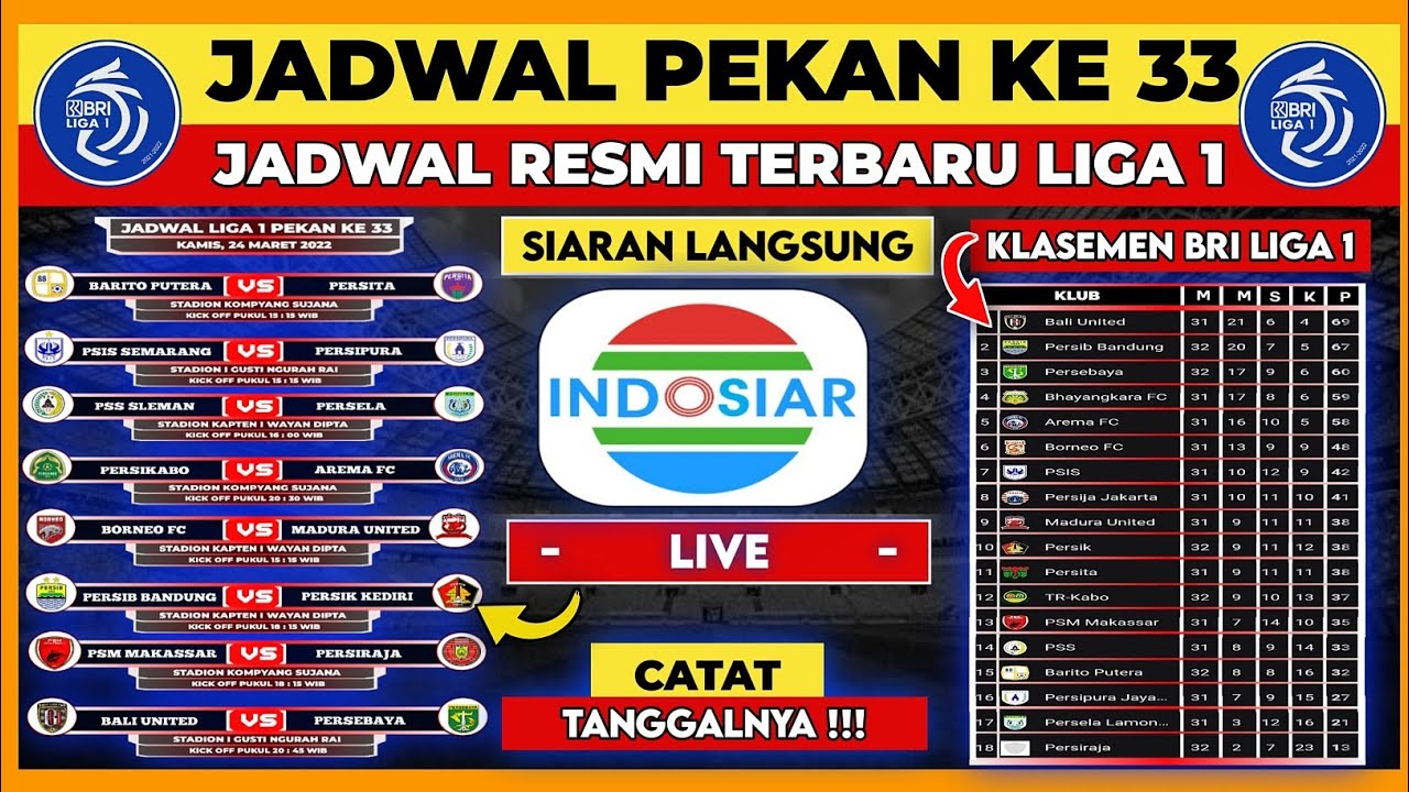 JADWAL BRI LIGA 1 PEKAN KE 33 - PERSIB VS PERSIK KEDIRI - BALI VS ...