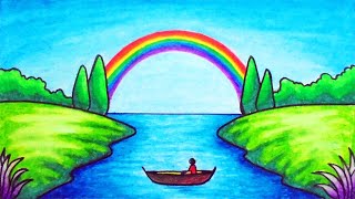 How to Draw Easy Scenery | Drawing Rainbow on the River Scenery Step by Step with Oil Pastels