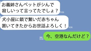 【LINE】鎖で繋いだ赤ちゃんをうちの犬小屋に置いて浮気旅行に出かけた義妹「お世話よろしく！」→空港にいた私は警察に連絡を入れることにしたのだが…