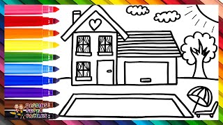 Dessiner et Colorier une Maison avec une Piscine 🏡👙🌊🏊🌞🌈 Dessins pour Enfants