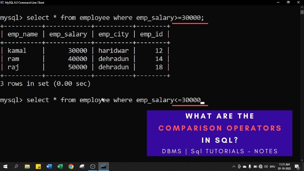 Comparison Operator In SQL With Example - SQL Operators In DBMS - YouTube