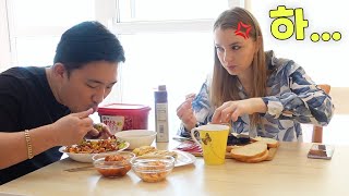 [국제커플] 외국 아내 앞에서 혼자 비빔밥을 혼자 맛있게 먹는다면?  러시아 아내의 반응 몰래카메라